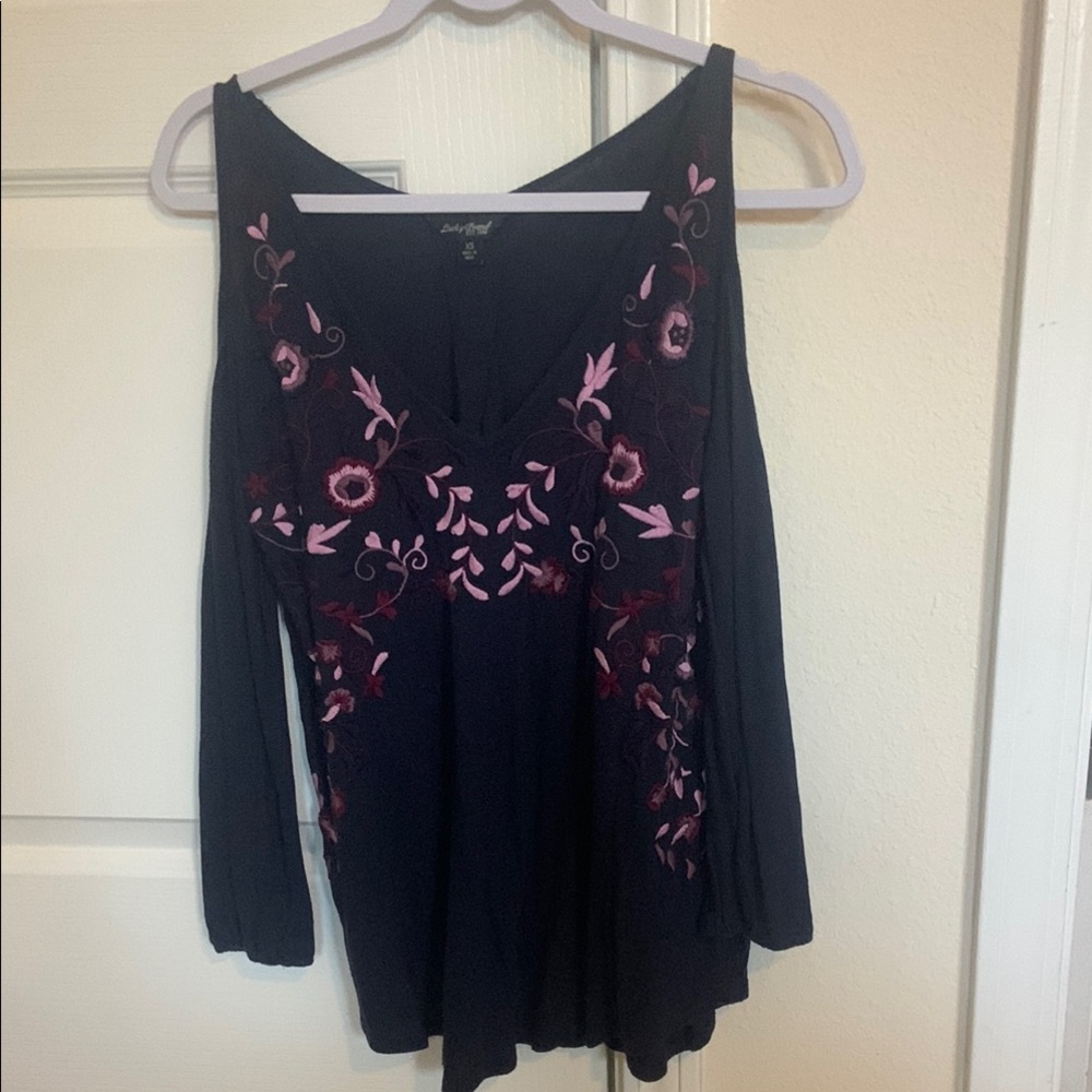 Lucky Brand Navy and Pink Asymmetrical Embellished Blouse Off Shoulder XS